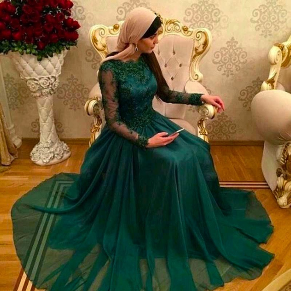 Emerald Green Long Sleeve Lace Bodice A Line Chiffon Dress